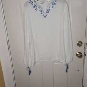 DUE per DUE 100% linen white embroidered top women's size18